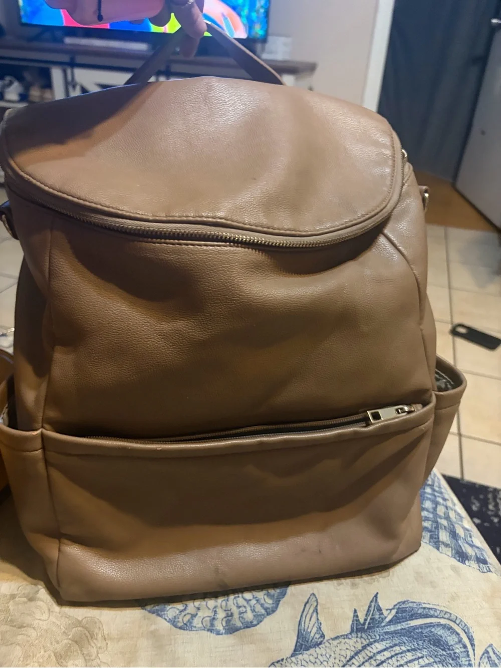 DIAPER BAG Pottery Barn Kids Baby Bag in Light Gray with Brown Leather Trim